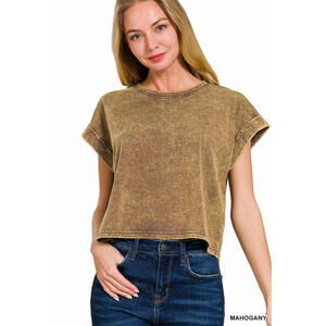 Acid Wash Cotton Folded Sleeve Top Zenana